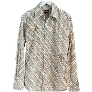7 Diamonds cream striped retro button down shirt with red embroidery - L